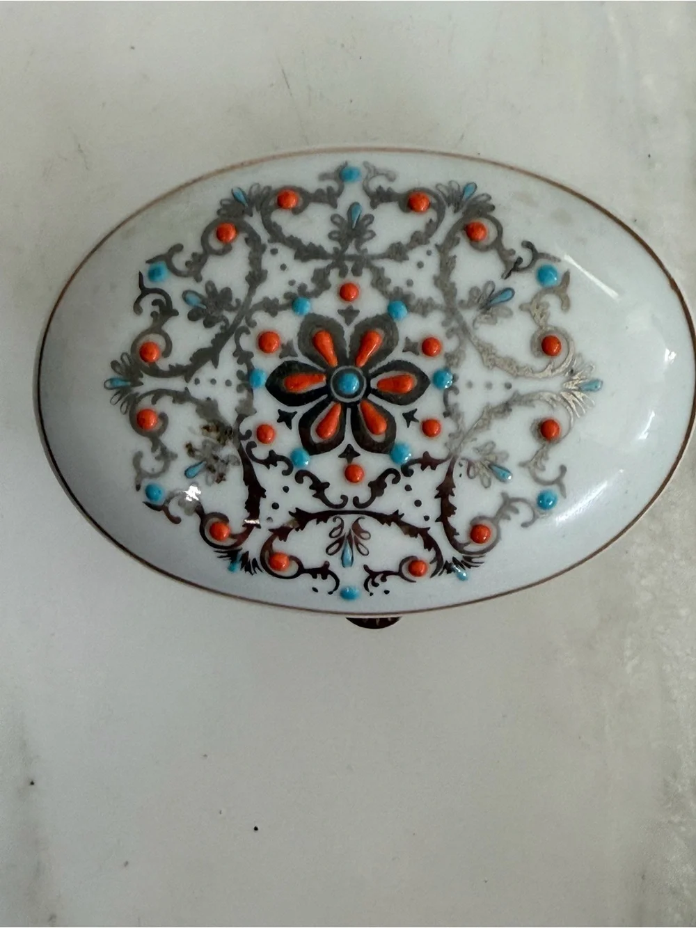 Vintage Antique Hand Painted Ceramic Four leg Trinket Ring Holder